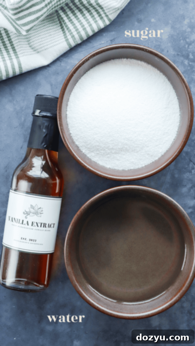 Ingredients for vanilla simple syrup laid out with text labels