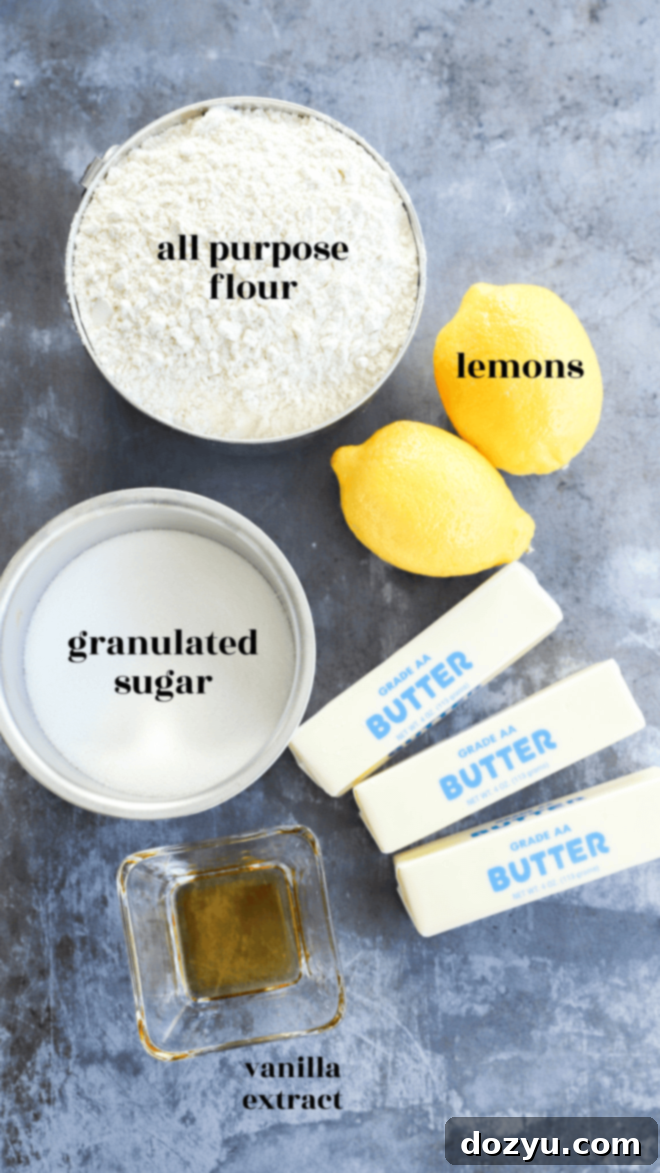 lemon shortbread cookies ingredients image with text labels