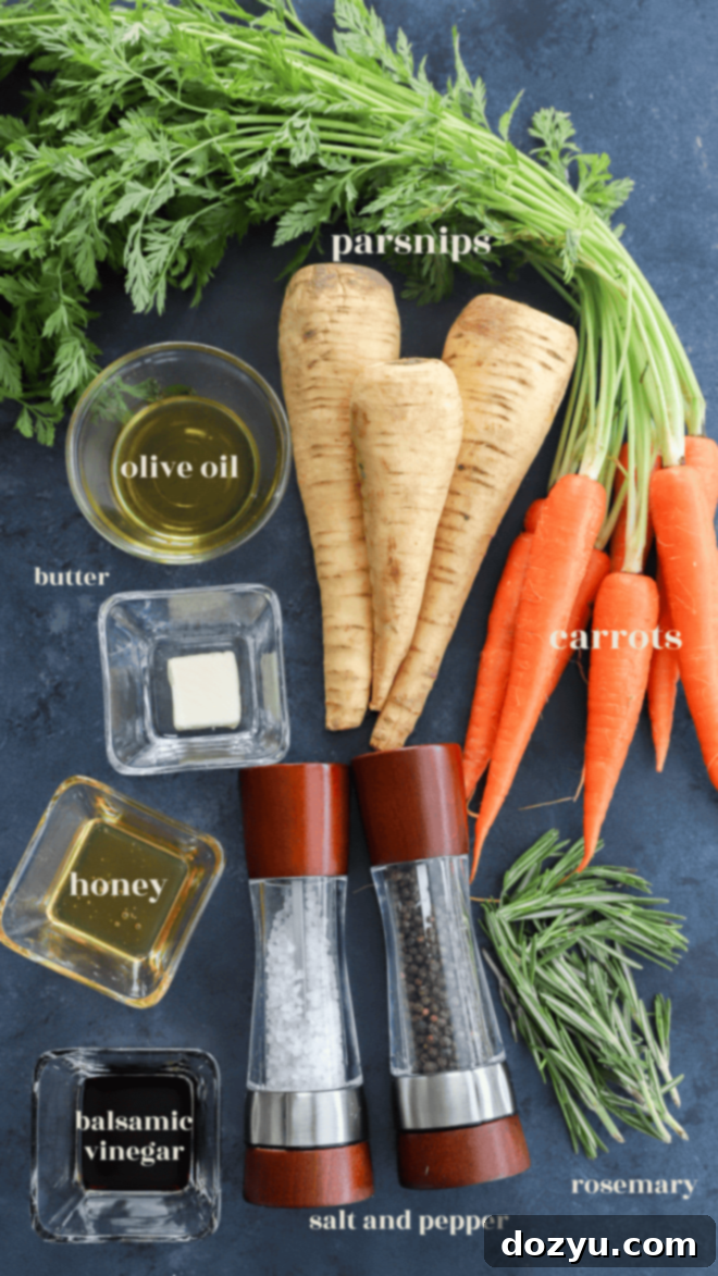honey roasted carrots and parsnips ingredients image with text labels