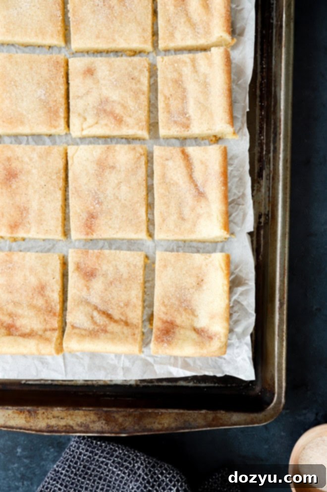 overhead image of snickerdoodle bars on a sheet pan with parchment paper