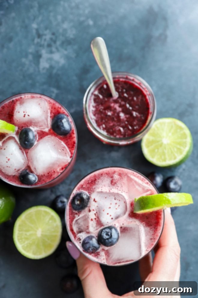 A hand holding a glass of refreshing blueberry margarita, garnished with fresh blueberries and a lime wedge.