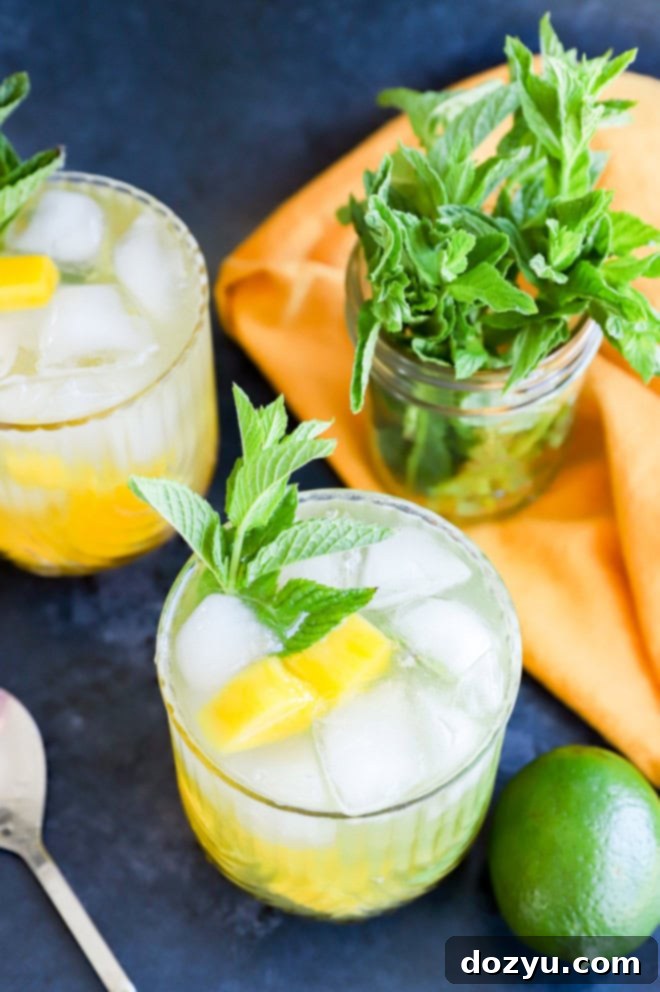 Tropical Mango Mojito 7 Two glasses of Cuban cocktails, mango mojitos, garnished with fresh fruit and mint sprigs on a rustic wooden board.