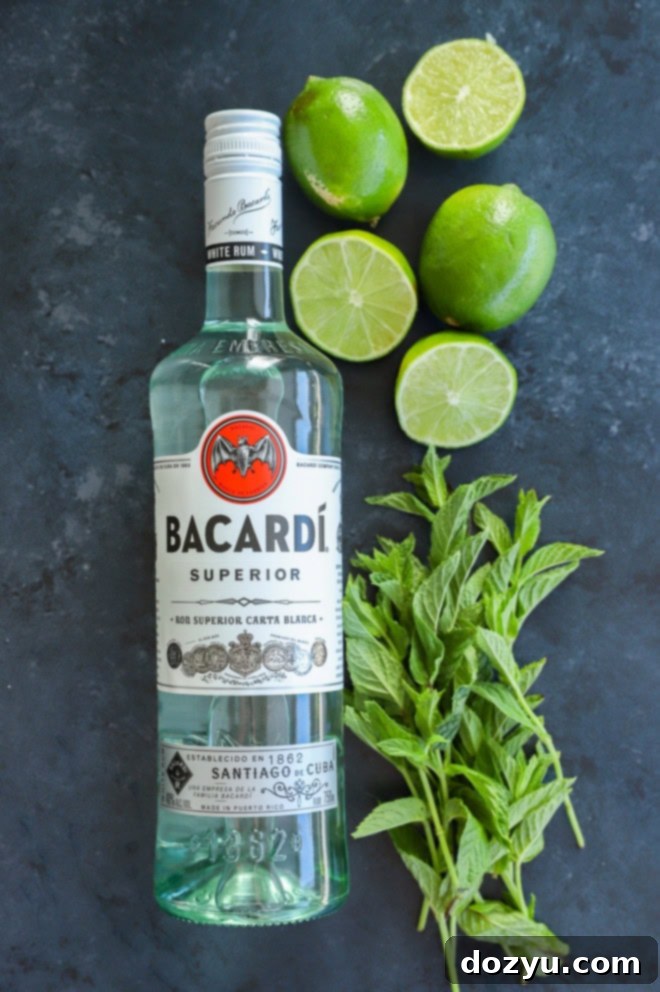 Bacardi Mojito: Your Perfect Refreshment 4 Ingredients for a classic Bacardi mojito: white rum, fresh mint, limes, and simple syrup