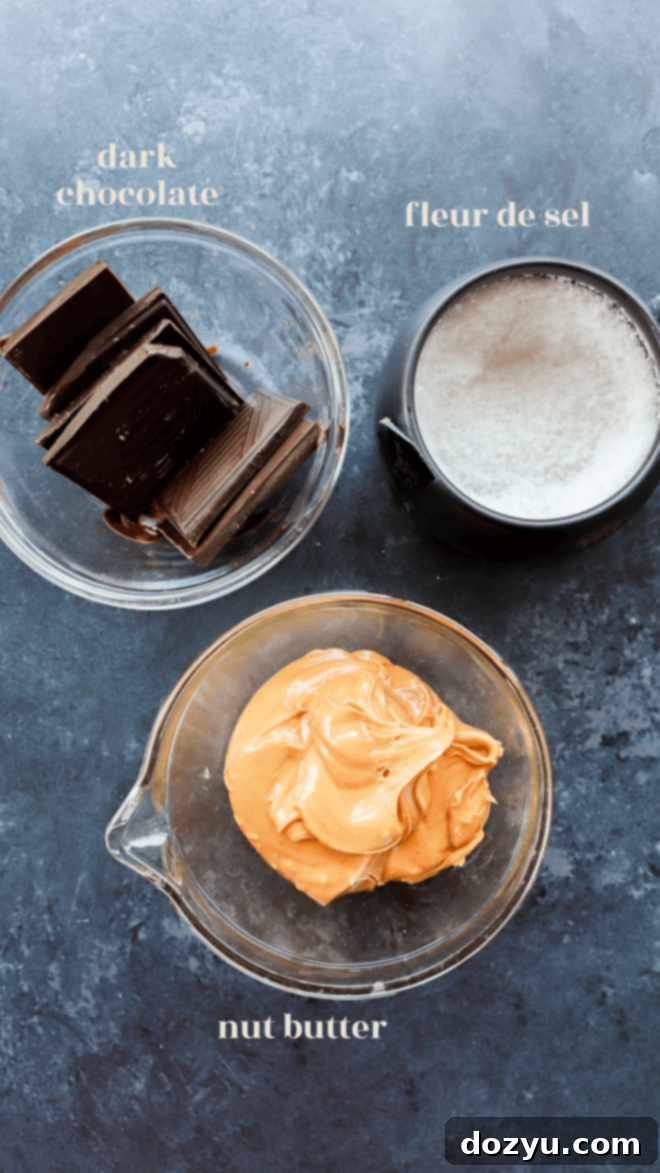 nut butter, chocolate and flaky sea salt in bowls