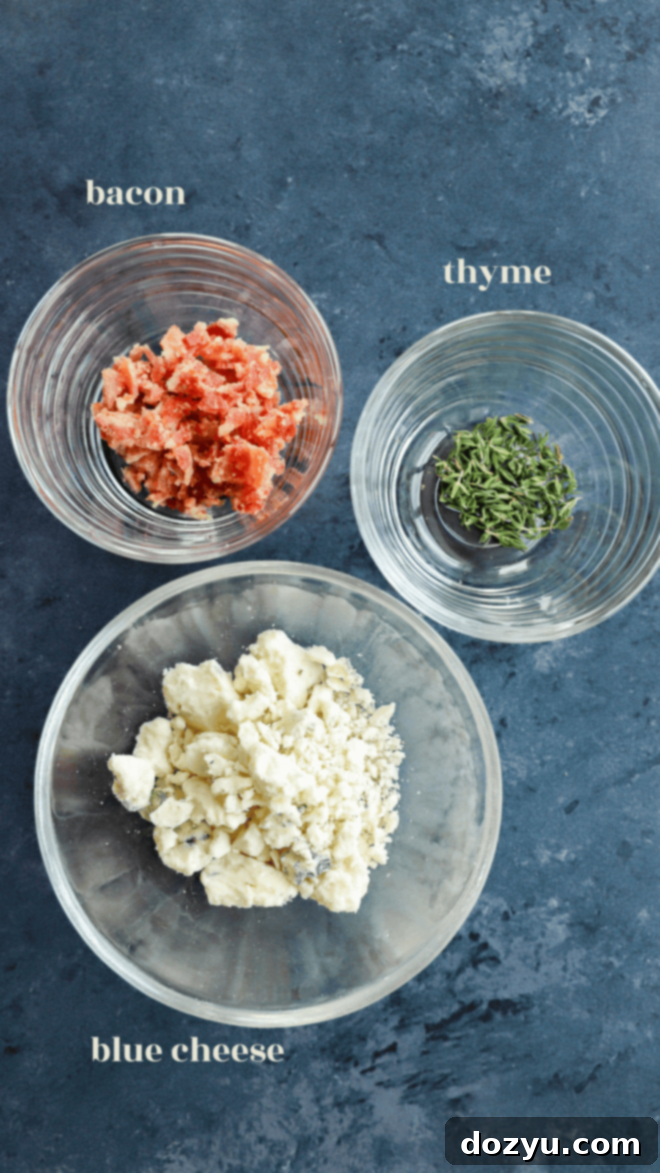 blue cheese bacon and thyme in bowls