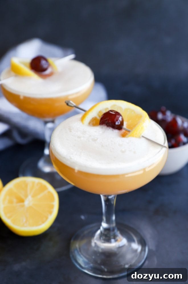 Glasses of disaronno sour cocktails with lemon and bowl of cherries