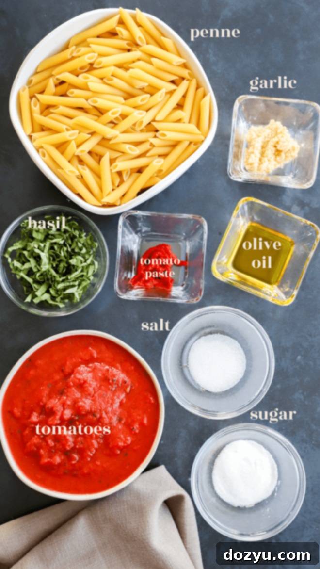 Penne pomodoro ingredients with text labels image, showcasing olive oil, garlic, tomato paste, crushed San Marzano tomatoes, fresh basil, salt, sugar, penne pasta, and parmesan.