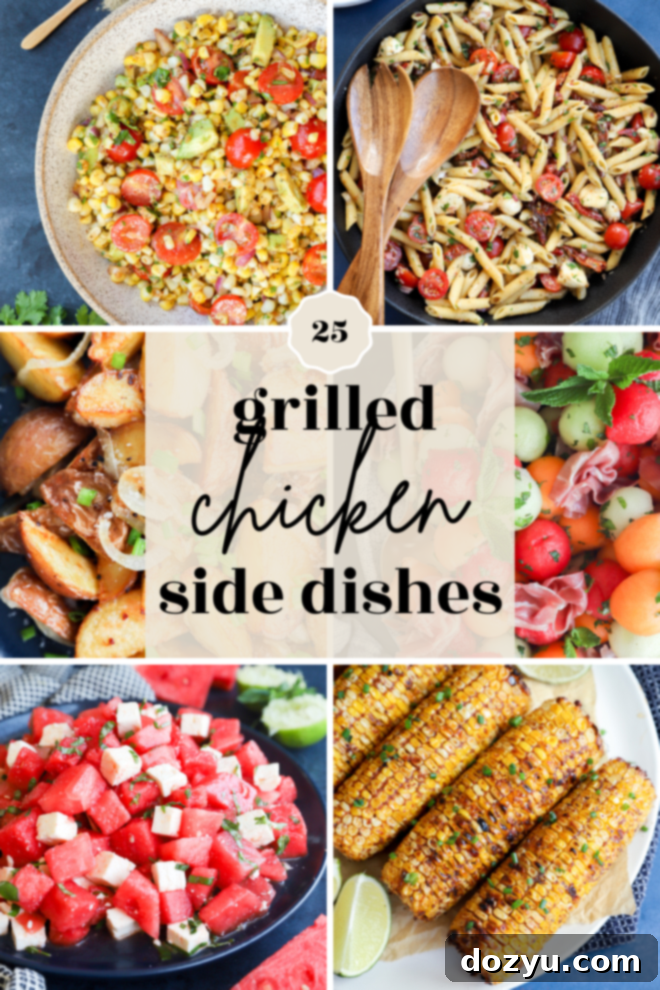 A vibrant collage of various side dishes perfect for grilled chicken, including salads, pasta salads, potato dishes, and corn. This image captures the diversity and deliciousness of potential pairings, ready to inspire your next meal.