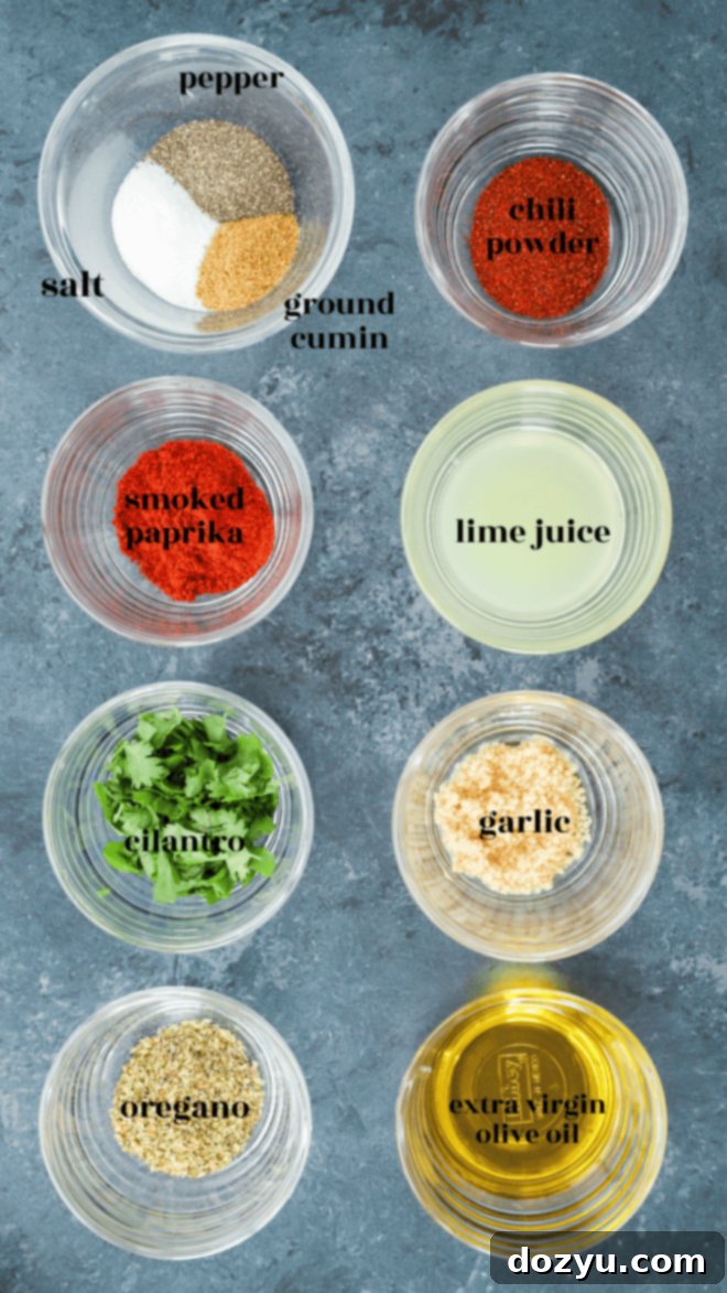 mexican chicken marinade ingredients in bowls with text labels