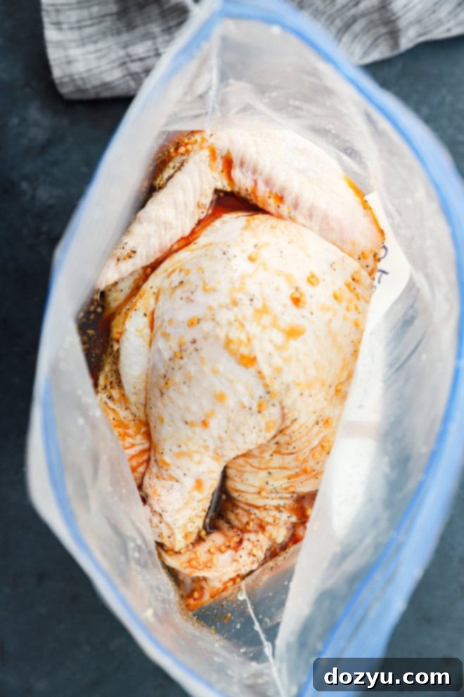 A whole chicken marinating in a resealable bag with honey soy marinade, ready for cooking.