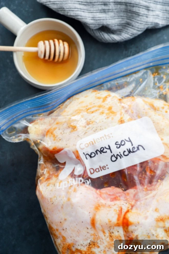 A bowl of golden honey with a honey stick next to a resealable bag containing chicken marinating in honey soy sauce.