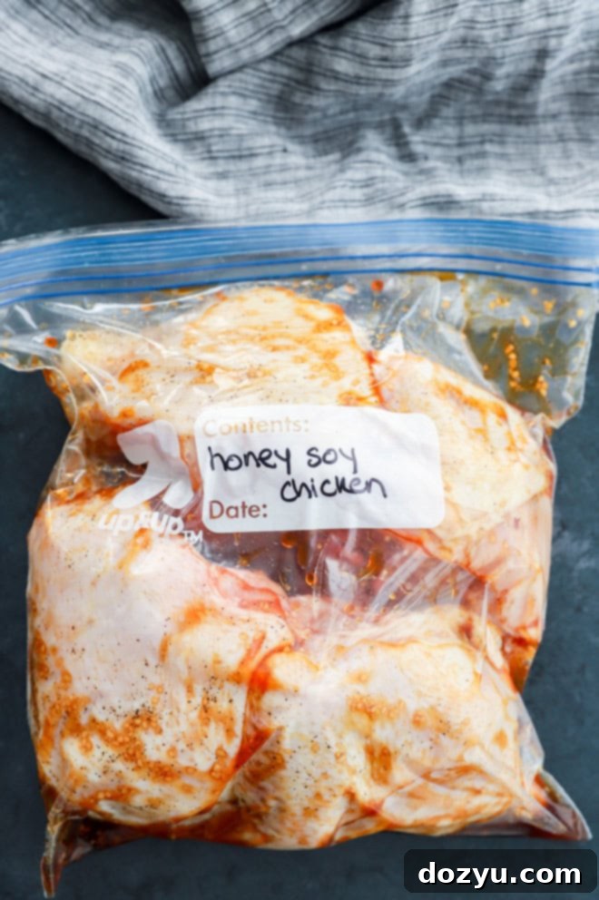 Chicken breasts in a resealable bag marinating in a sweet and savory sauce, prepped for cooking.