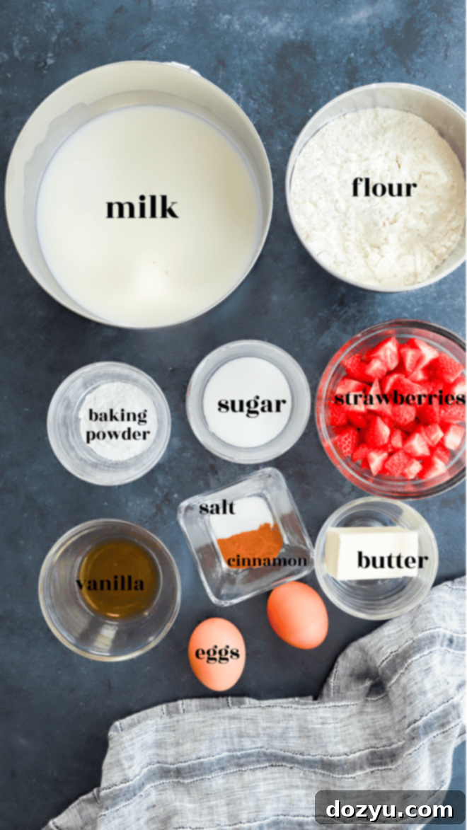 Strawberry Dream Waffles 3 strawberry waffles ingredients in bowls with text labels