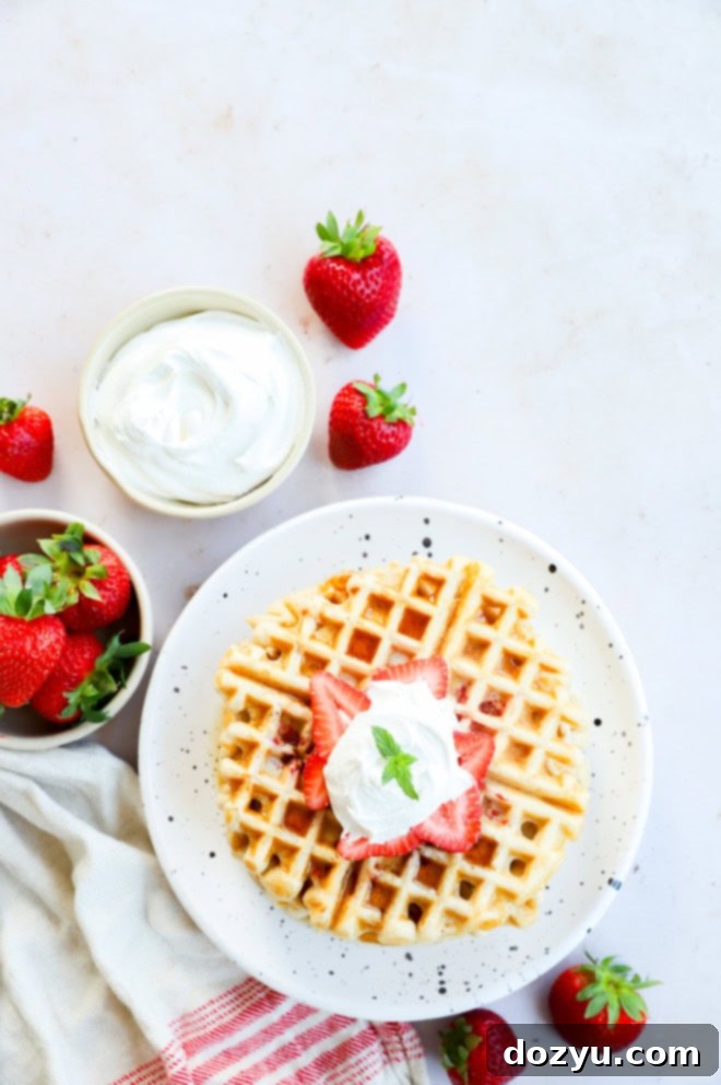 Strawberry Dream Waffles 5 plate with berry breakfast with whipped cream