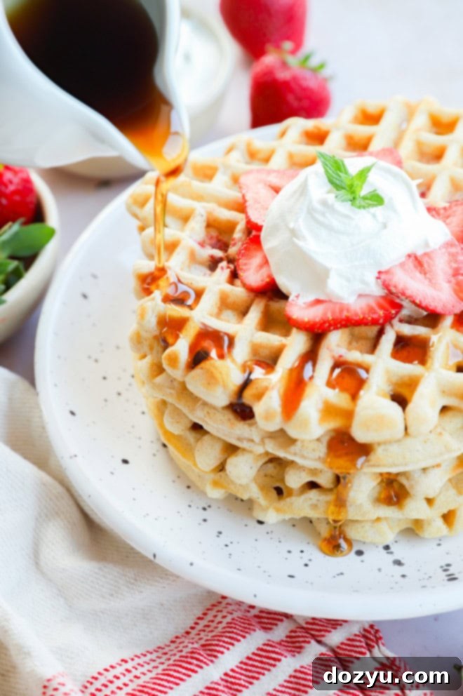 Strawberry Dream Waffles 6 Drizzling syrup on strawberry waffles with fresh fruit and whipped cream