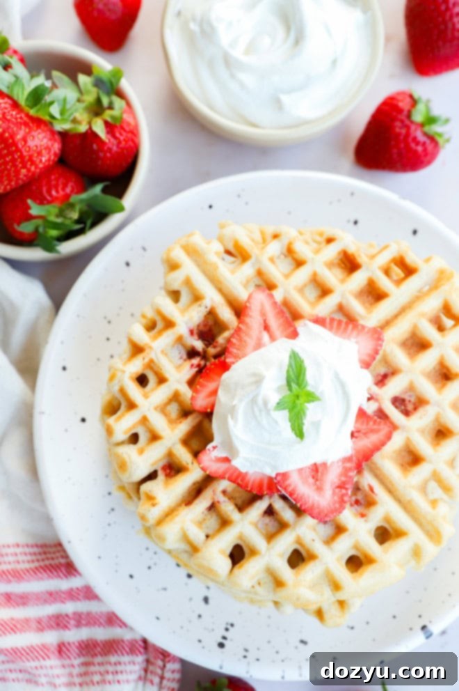 Strawberry Dream Waffles 7 strawberry waffles on a plate with fresh strawberries and whipped cream in bowls