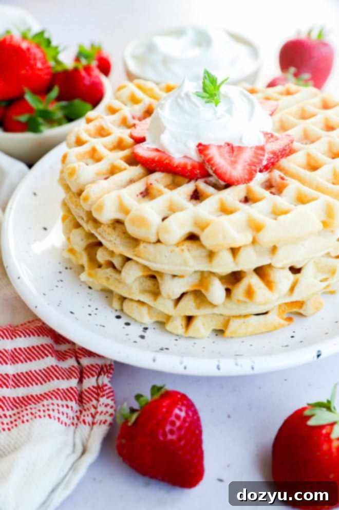 Strawberry Dream Waffles 8 whipped cream and strawberries on top of a pile of breakfast cakes