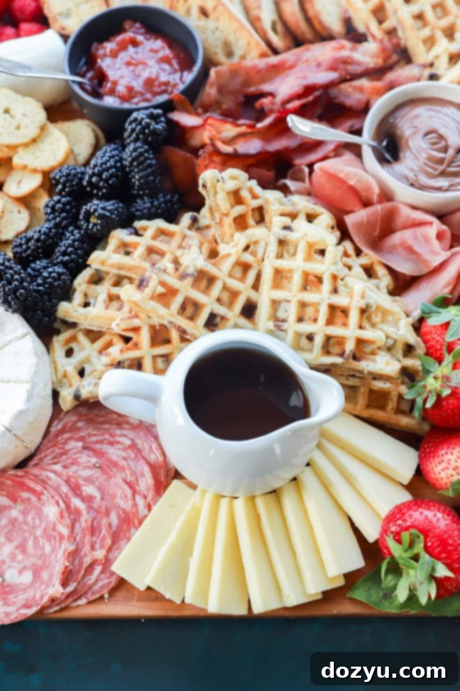 Breakfast charcuterie board presentation with fresh fruit, eggs, and pastries
