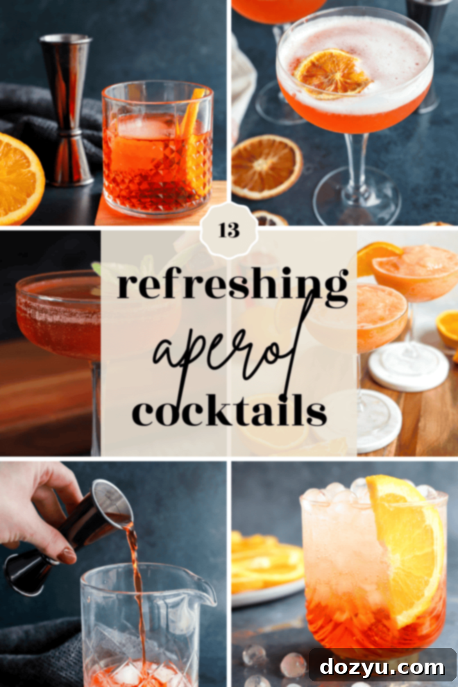 Aperol cocktails in various stylish glasses, showcasing the vibrant orange hue