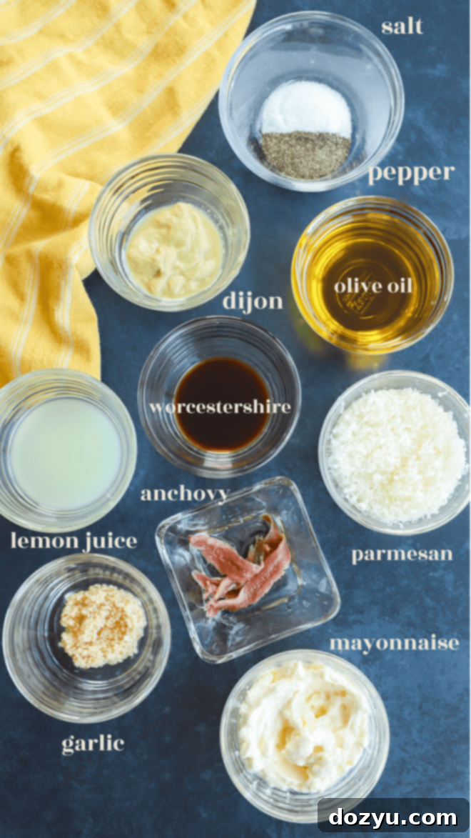 homemade caesar dressing recipe ingredients in bowls with text labels, including mayonnaise, mustard, garlic, lemon, and anchovies