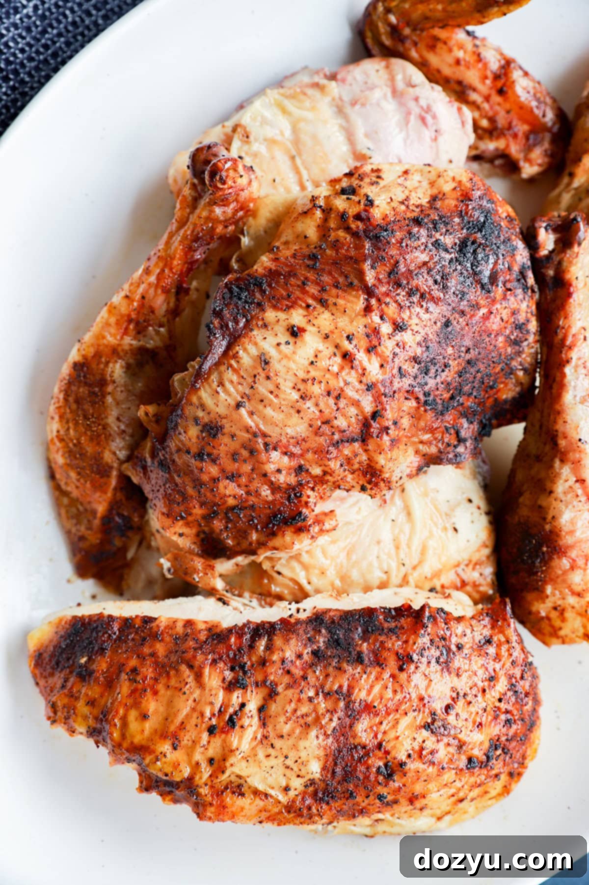 grilled full chicken on platter in pieces with utensils