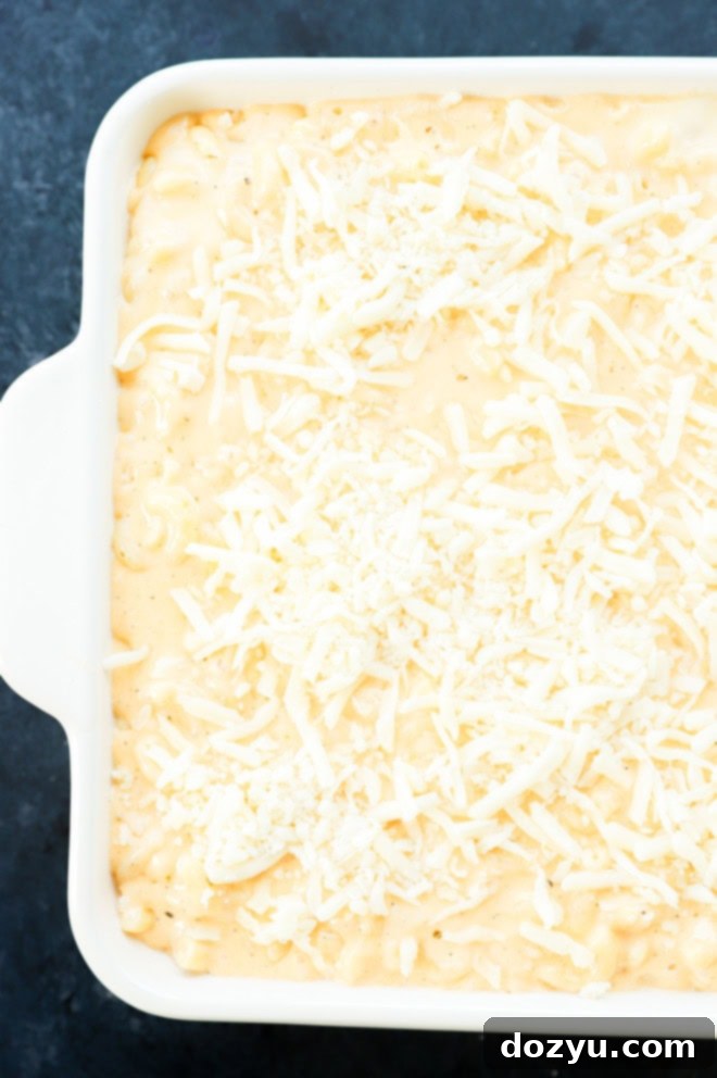 A baking dish filled with cheesy pasta bake, topped with extra shredded cheese, ready to be placed in the oven.