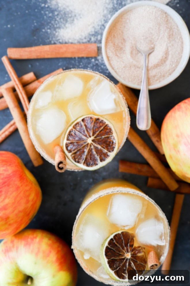 Overhead view of an apple cider cocktail surrounded by fresh apples and cinnamon sticks, highlighting the seasonal theme.