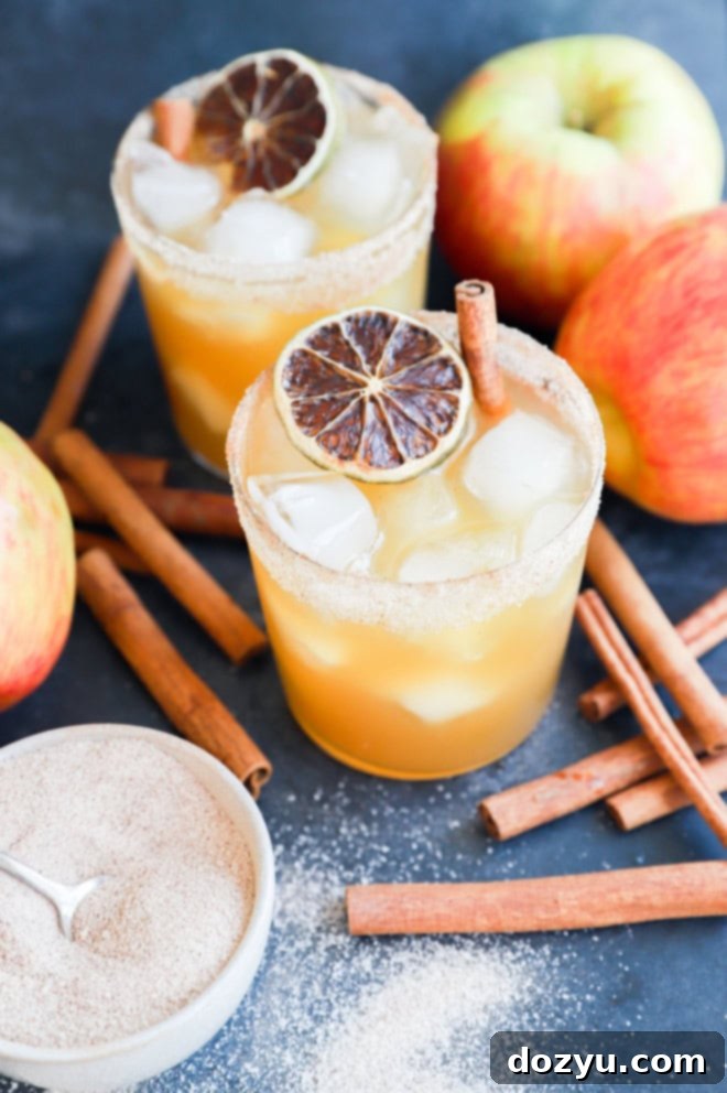 An easy and inviting fall autumn cinnamon apple cocktail featuring tequila, garnished for a delightful seasonal presentation.