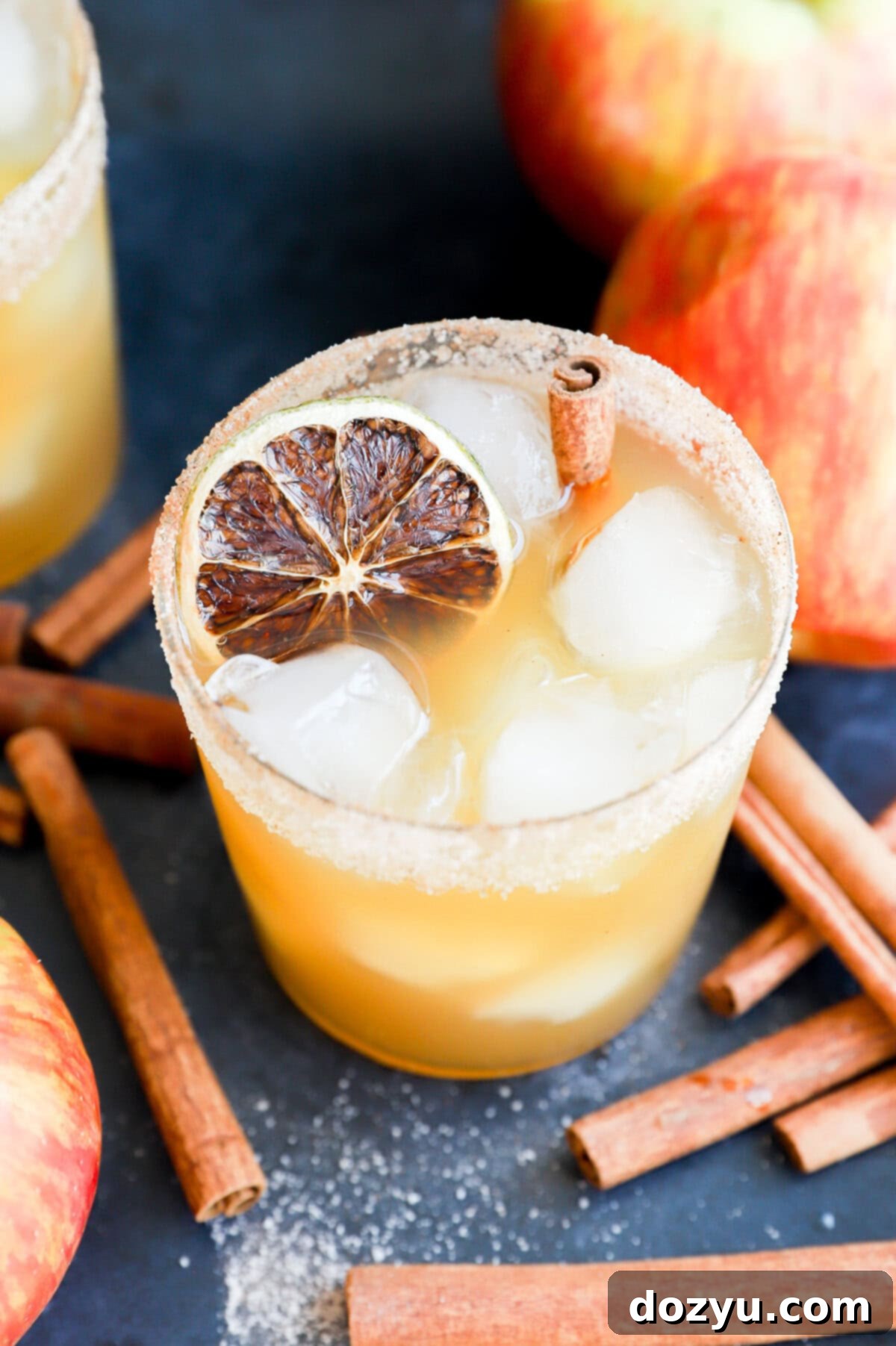 A beautifully crafted apple fall drink in a glass full of ice with a cinnamon stick garnish, perfect for the season.