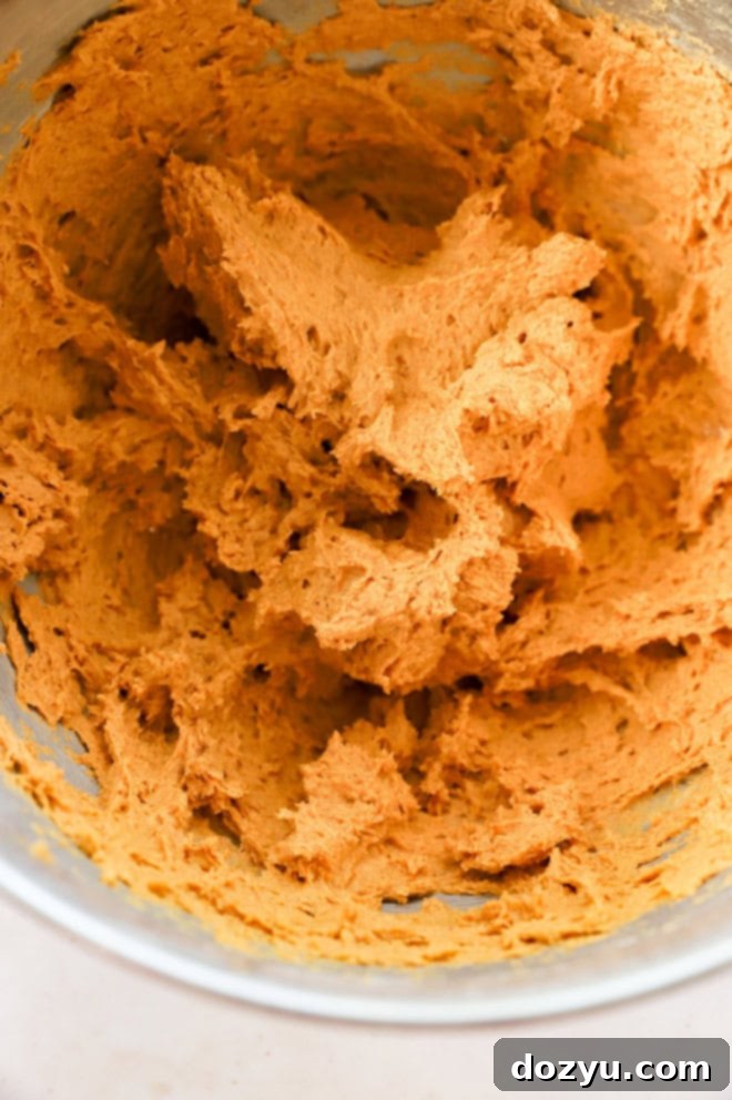 Pumpkin pie spice cookie dough in a mixing bowl, ready for chilling.