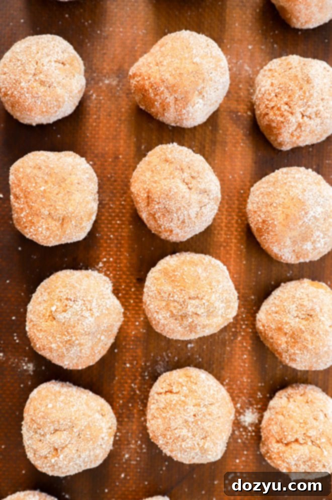 Portioned cookie dough balls coated in cinnamon sugar, arranged on a lined baking sheet.