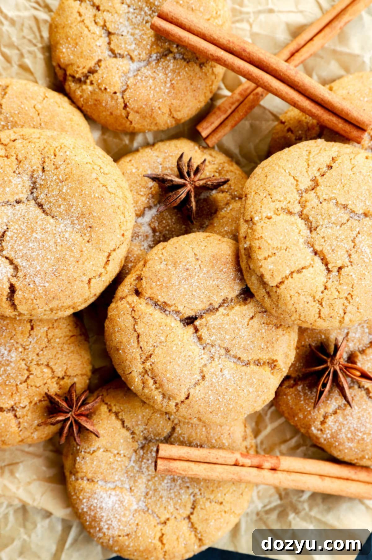 pumpkin pie spice cookies in a pile with cinnamon sticks and star anise