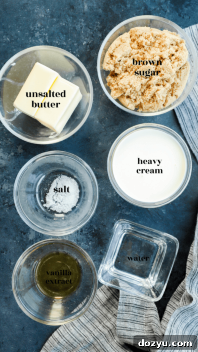 caramel apple dip ingredients in bowls with text labels