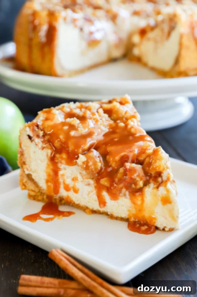 A delectable slice of fall fruit and caramel cake on a plate, with a fork, showing a bite taken, emphasizing its rich, layered texture and inviting appeal.