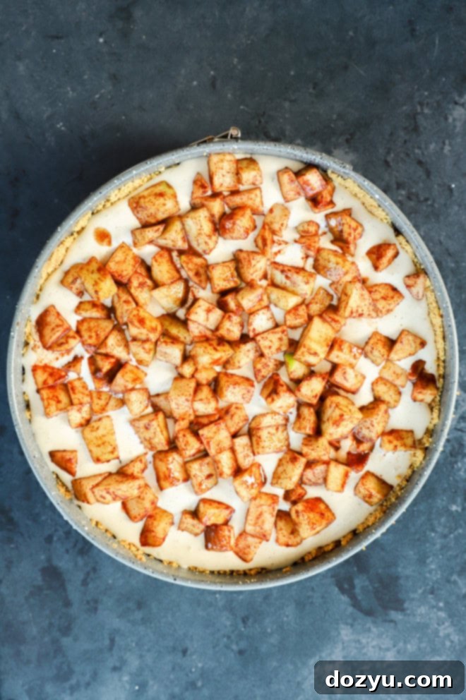 Layer of spiced apples evenly spread over the cheesecake filling in a springform pan, preparing for the crumble topping.