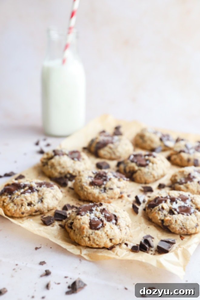oatmeal chocolate chunk cookies on parchment paper with milk and a straw