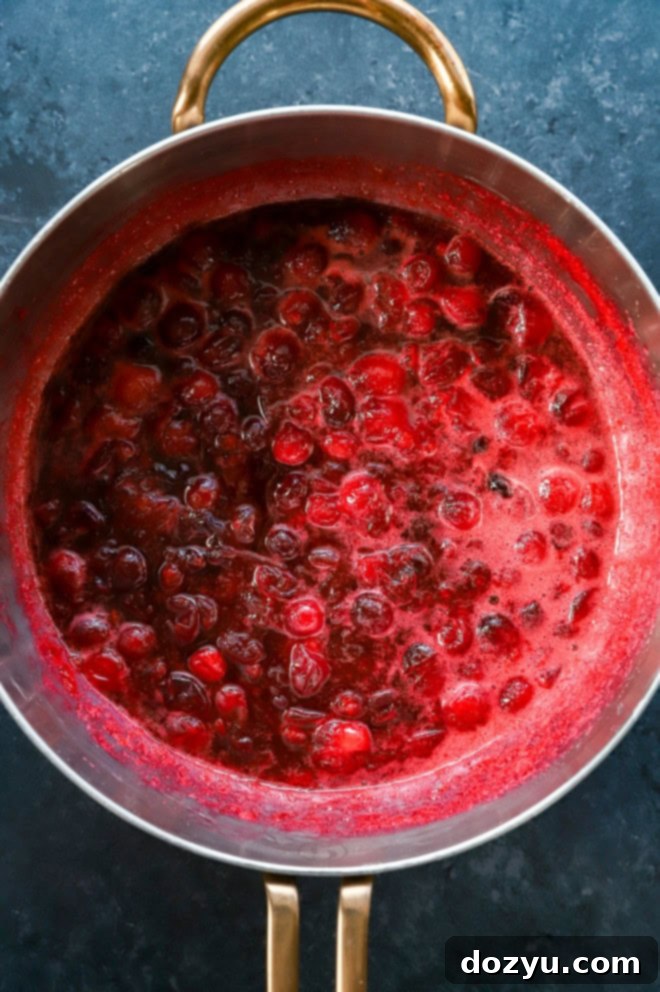 making cranberry simple syrup in a saucepan