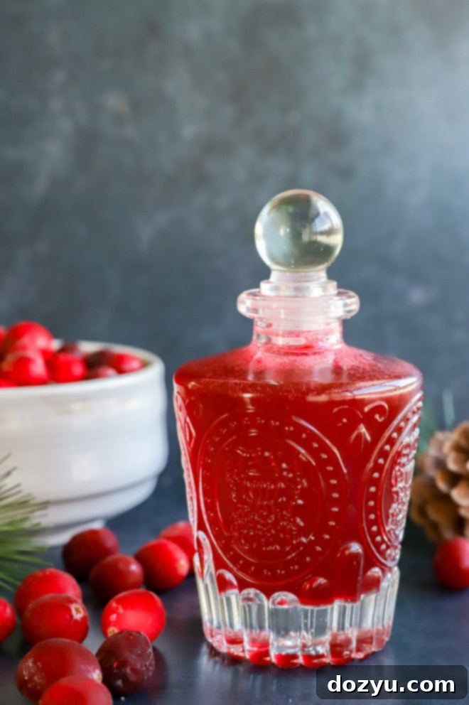 cranberry simple syrup in a glass jar