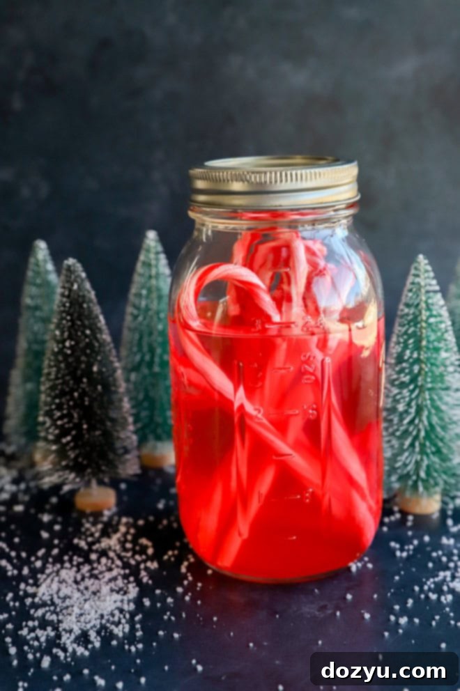 Homemade peppermint vodka with candy canes in a mason jar surrounded by festive Christmas decorations