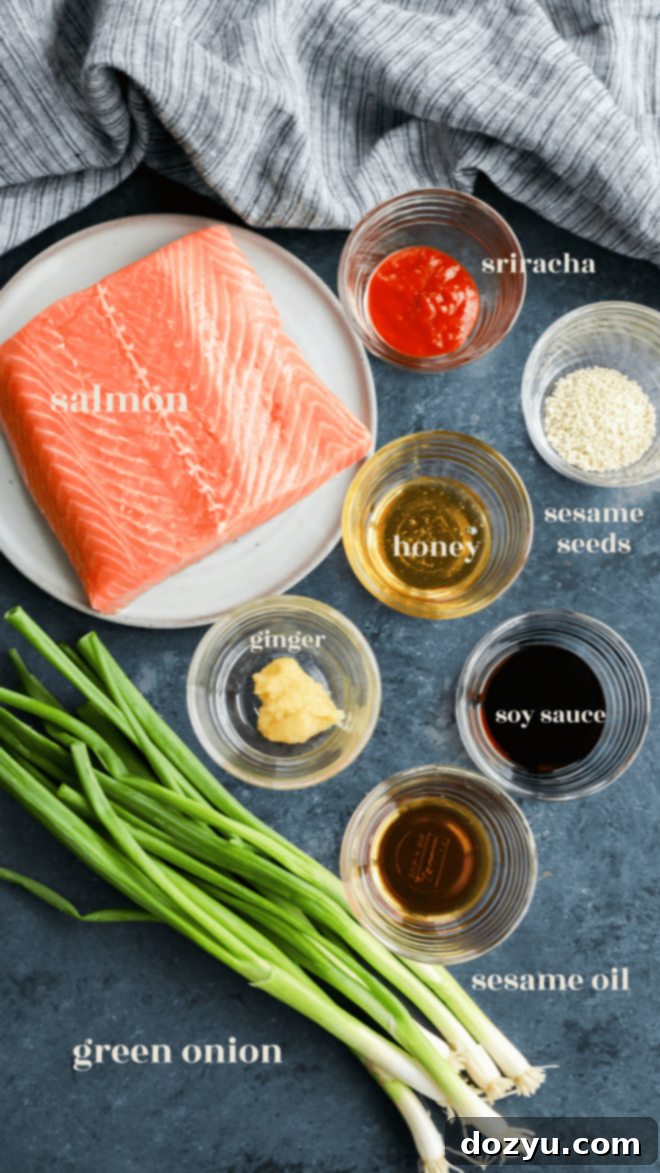 ingredients in bowls with text labels for recipe for salmon bites with sesame and ginger and honey