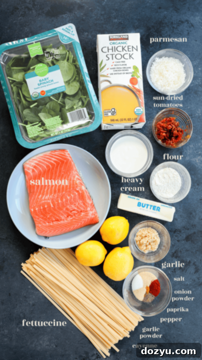 Velvety Lemon Salmon Pasta 3 lemon salmon pasta recipe ingredients in bowls with text labels