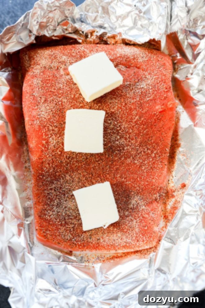 Velvety Lemon Salmon Pasta 4 salmon on foil with rub and butter before baking