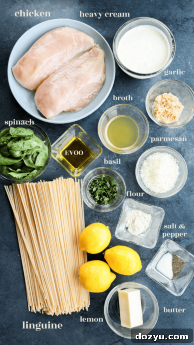creamy lemon chicken pasta ingredients in bowls with text labels