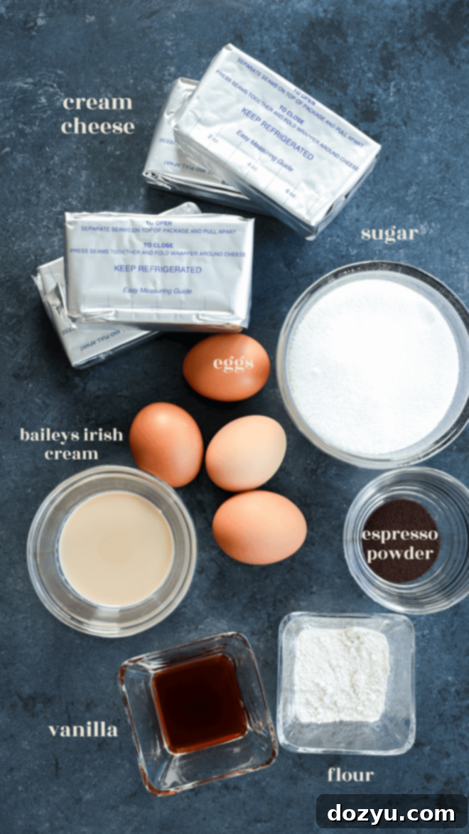 Baileys cheesecake ingredients in bowls with text labels