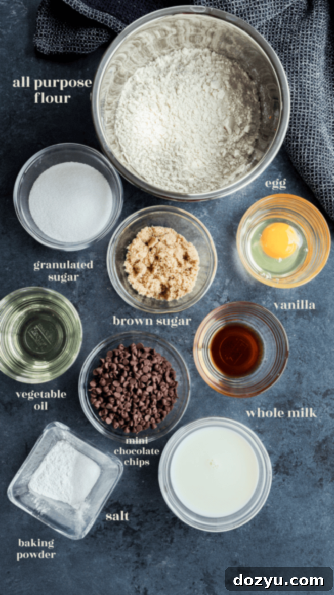 mini chocolate chip muffins ingredients in bowls with text labels