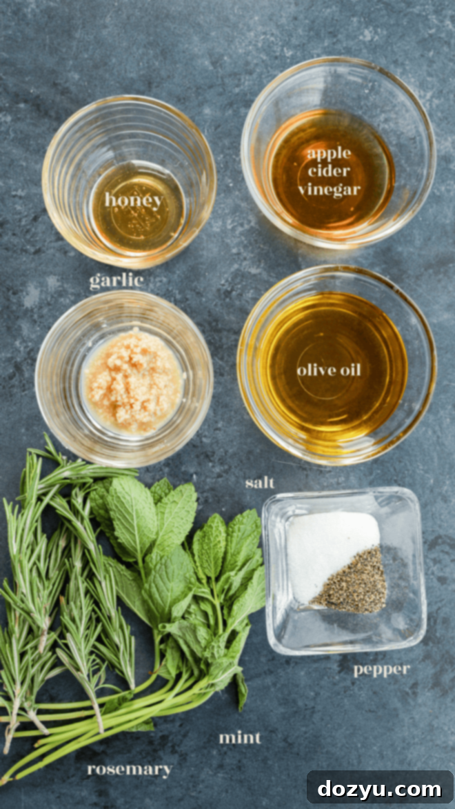lamb marinade ingredients in bowls with text labels