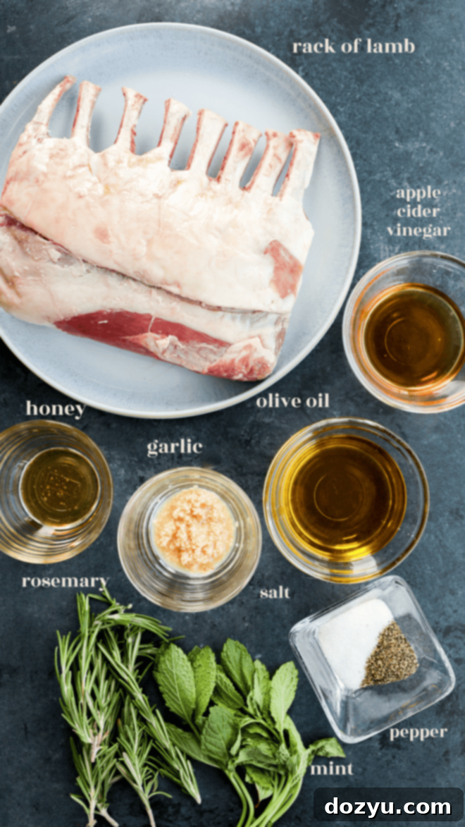 various BBQ rack of lamb ingredients in small bowls with text labels, showcasing fresh herbs and liquids