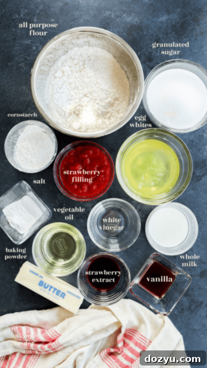 strawberry cake with strawberry filling ingredients in bowls with text labels
