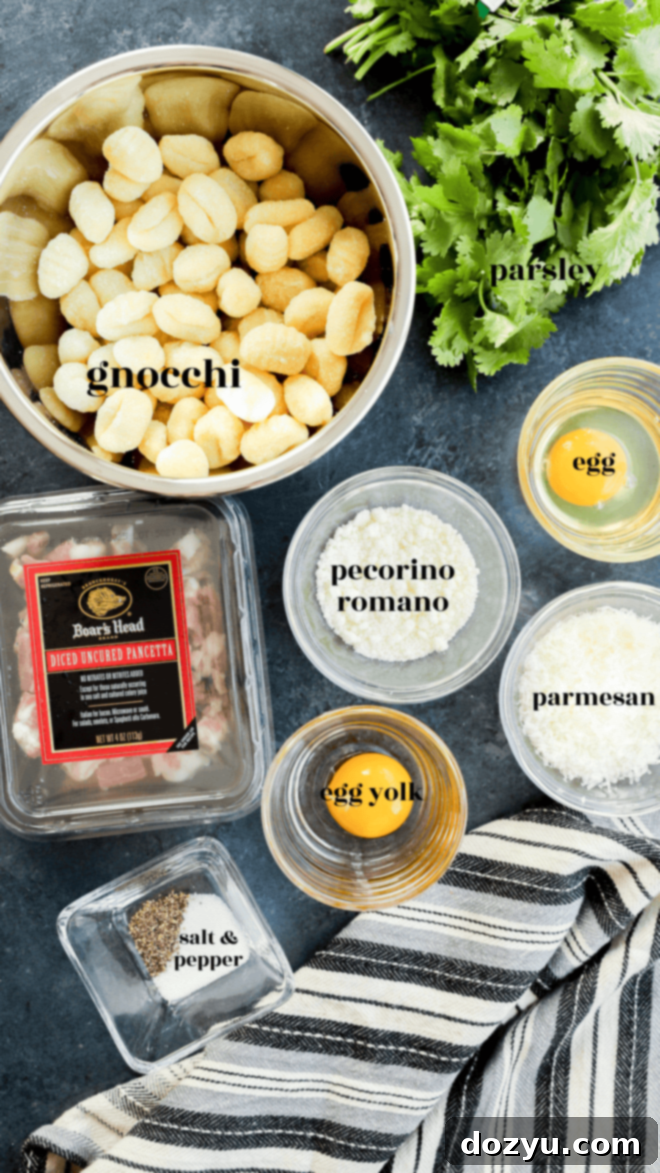 Gnocchi carbonara ingredients laid out in bowls with text labels