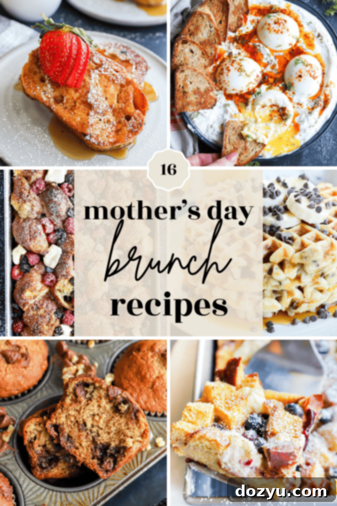 A beautifully arranged Mother's Day brunch spread with various sweet and savory dishes, fresh fruits, and elegant drinks.